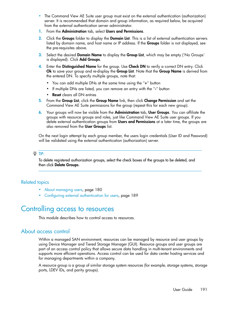 Controlling access to resources, About access control | HP XP P9000 Command View Advanced Edition Software Licenses User Manual | Page 191 / 250