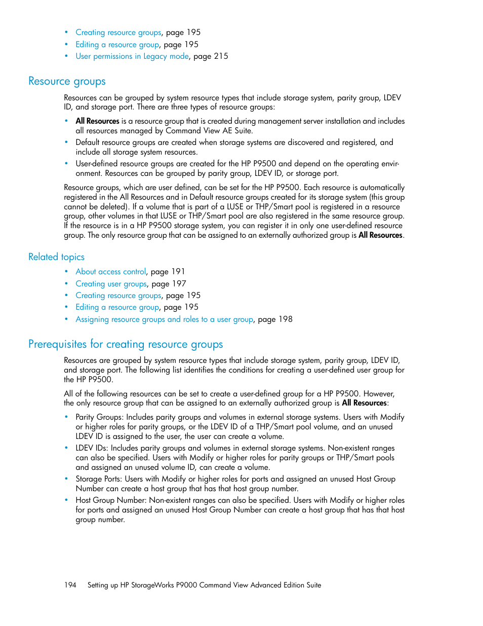 Resource groups, Prerequisites for creating resource groups, 194 prerequisites for creating resource groups | HP XP P9000 Command View Advanced Edition Software Licenses User Manual | Page 194 / 250