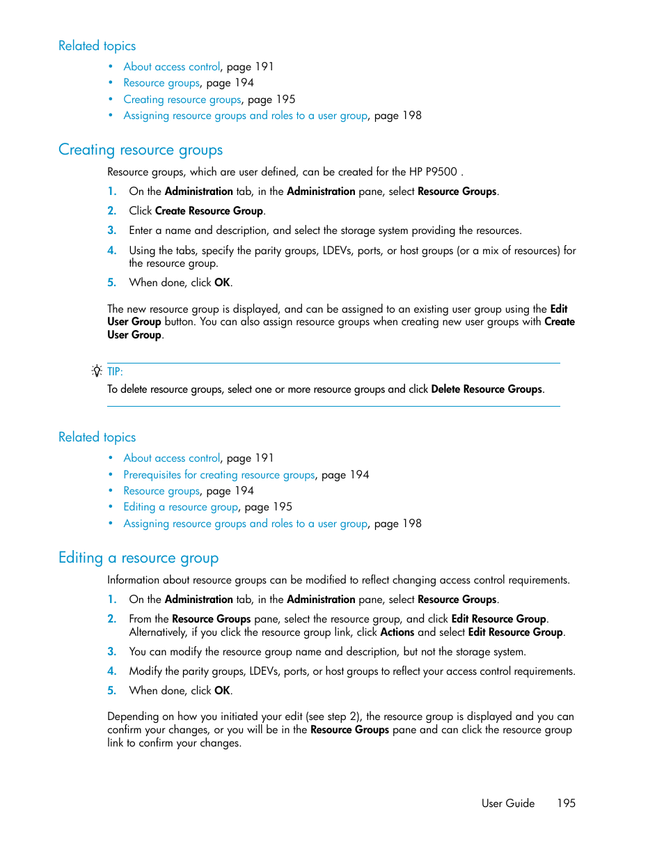 Creating resource groups, Editing a resource group, 195 editing a resource group | HP XP P9000 Command View Advanced Edition Software Licenses User Manual | Page 195 / 250