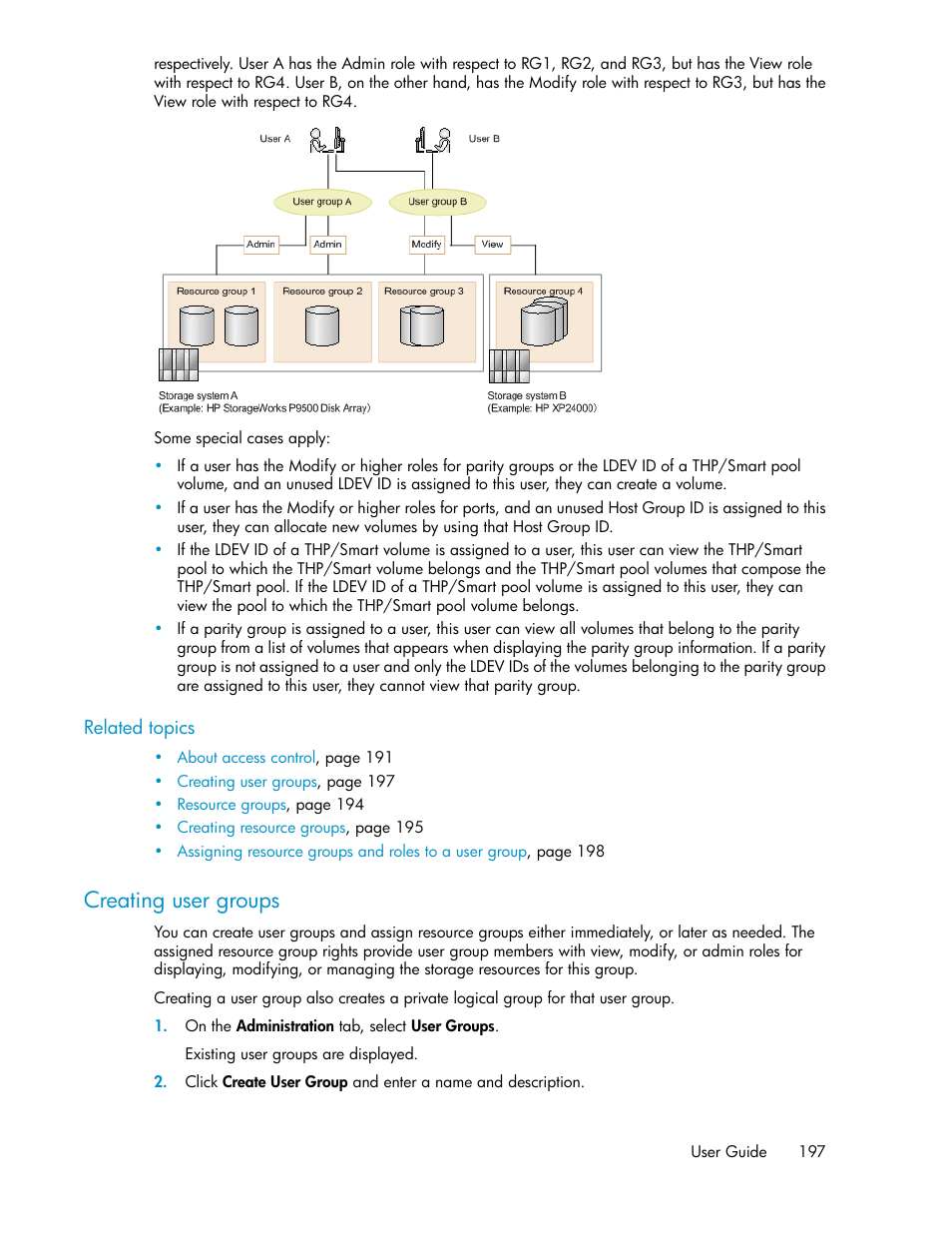 Creating user groups, Creating user, Groups | HP XP P9000 Command View Advanced Edition Software Licenses User Manual | Page 197 / 250