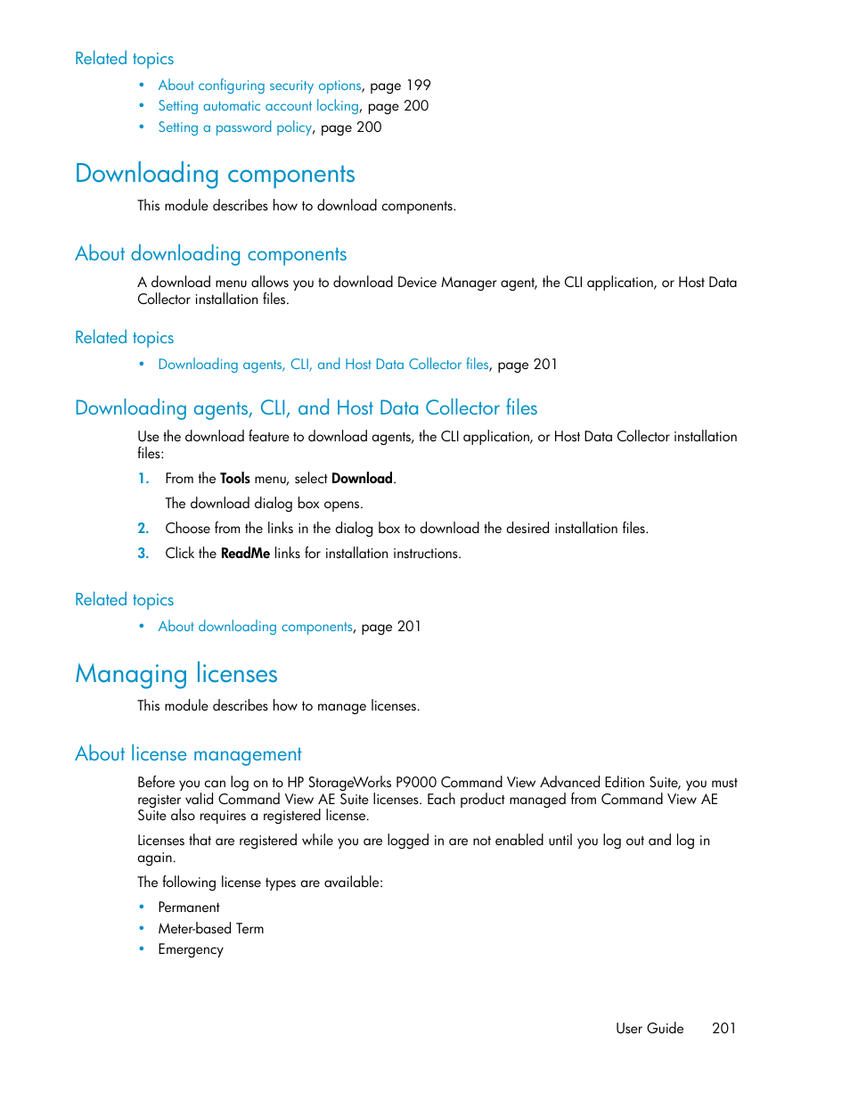 Downloading components, About downloading components, Managing licenses | About license management | HP XP P9000 Command View Advanced Edition Software Licenses User Manual | Page 201 / 250