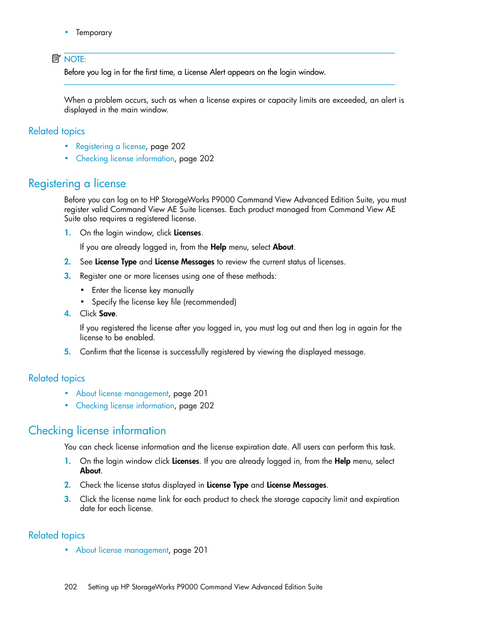 Registering a license, Checking license information, 202 checking license information | HP XP P9000 Command View Advanced Edition Software Licenses User Manual | Page 202 / 250