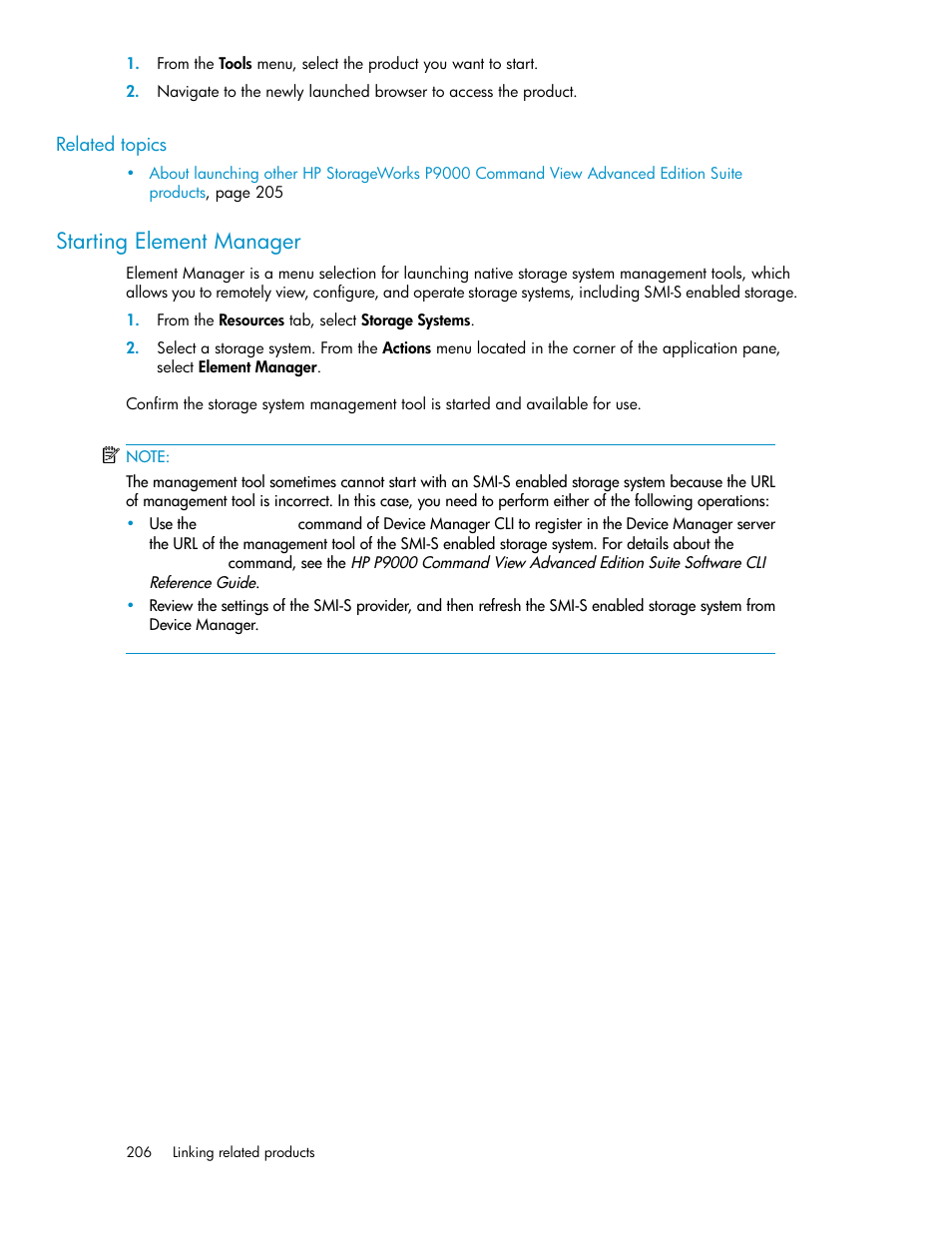 Starting element manager | HP XP P9000 Command View Advanced Edition Software Licenses User Manual | Page 206 / 250