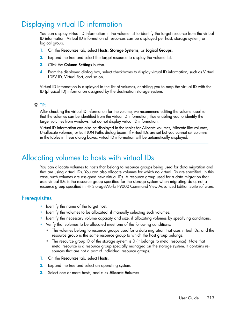 Displaying virtual id information, Allocating volumes to hosts with virtual ids, 213 allocating volumes to hosts with virtual ids | Prerequisites | HP XP P9000 Command View Advanced Edition Software Licenses User Manual | Page 213 / 250