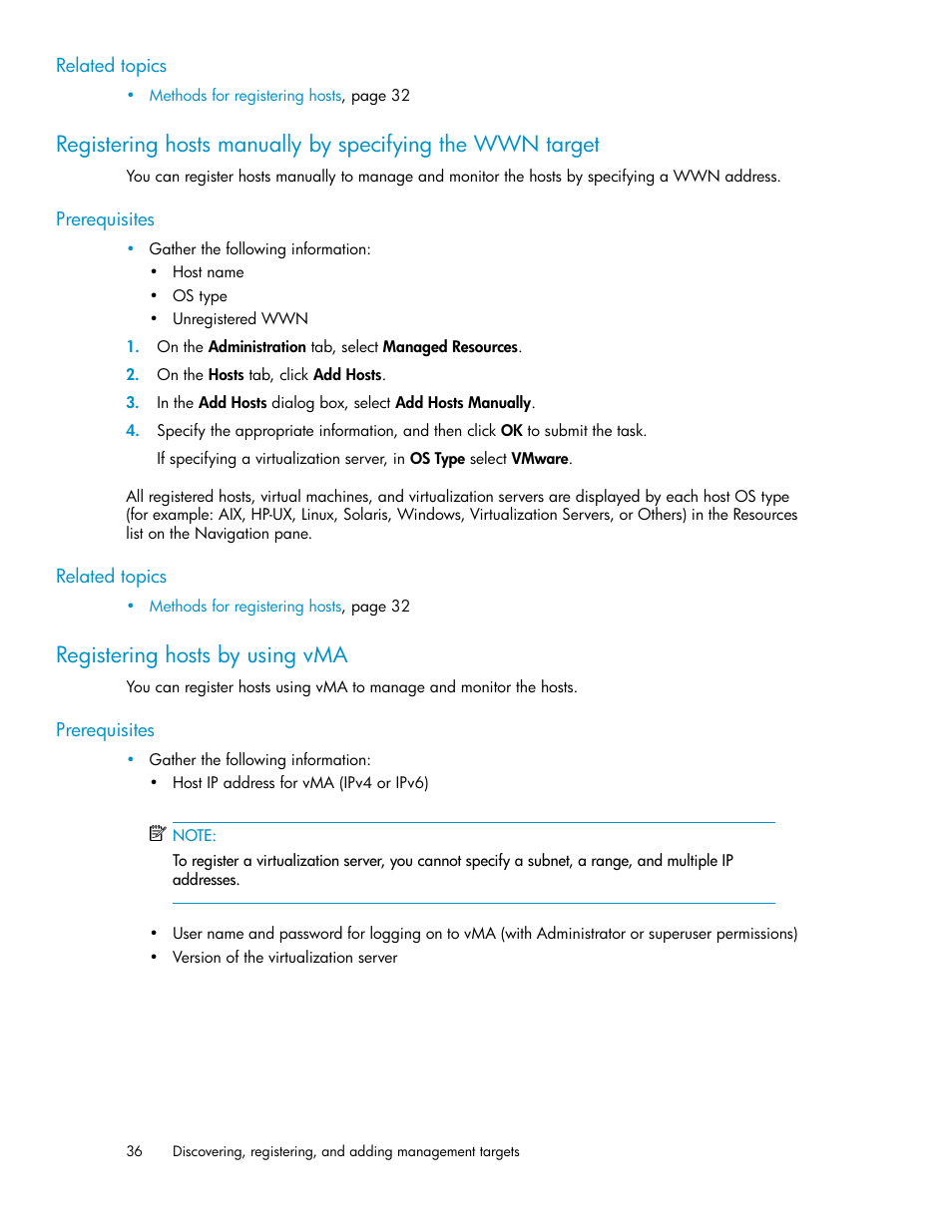 Registering hosts by using vma, 36 registering hosts by using vma | HP XP P9000 Command View Advanced Edition Software Licenses User Manual | Page 36 / 250