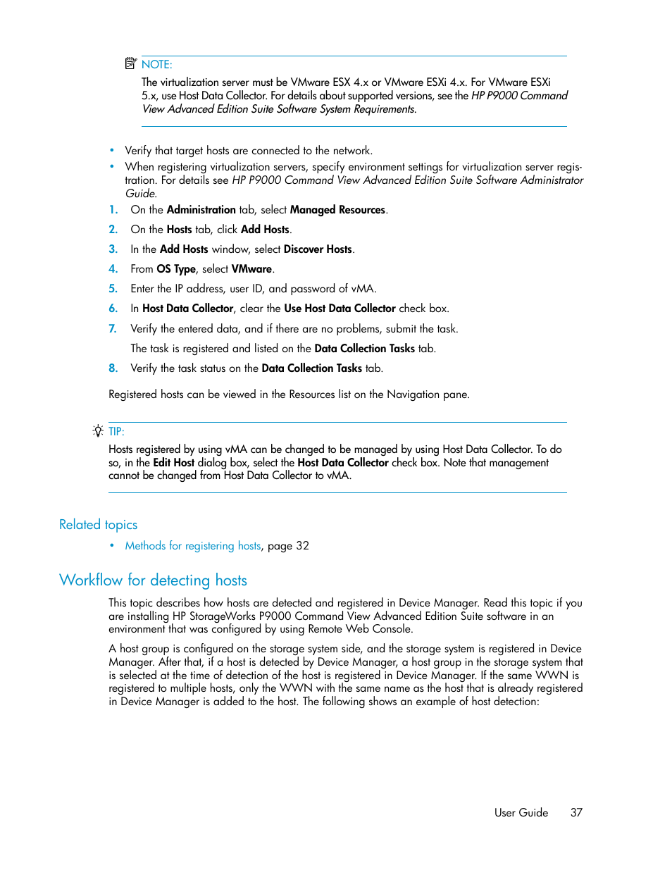 Workflow for detecting hosts | HP XP P9000 Command View Advanced Edition Software Licenses User Manual | Page 37 / 250