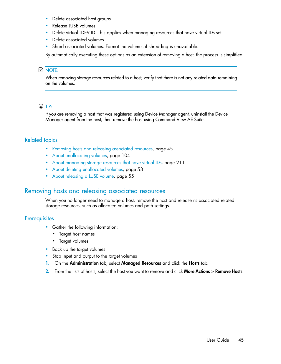 Removing hosts and releasing associated resources | HP XP P9000 Command View Advanced Edition Software Licenses User Manual | Page 45 / 250