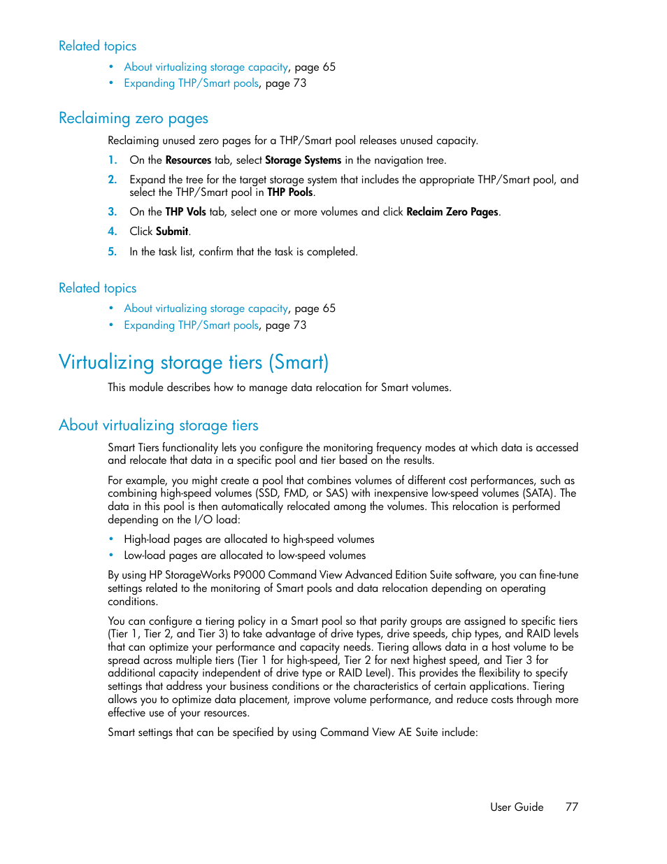 Virtualizing storage tiers (smart), About virtualizing storage tiers, Reclaiming zero pages | HP XP P9000 Command View Advanced Edition Software Licenses User Manual | Page 77 / 250