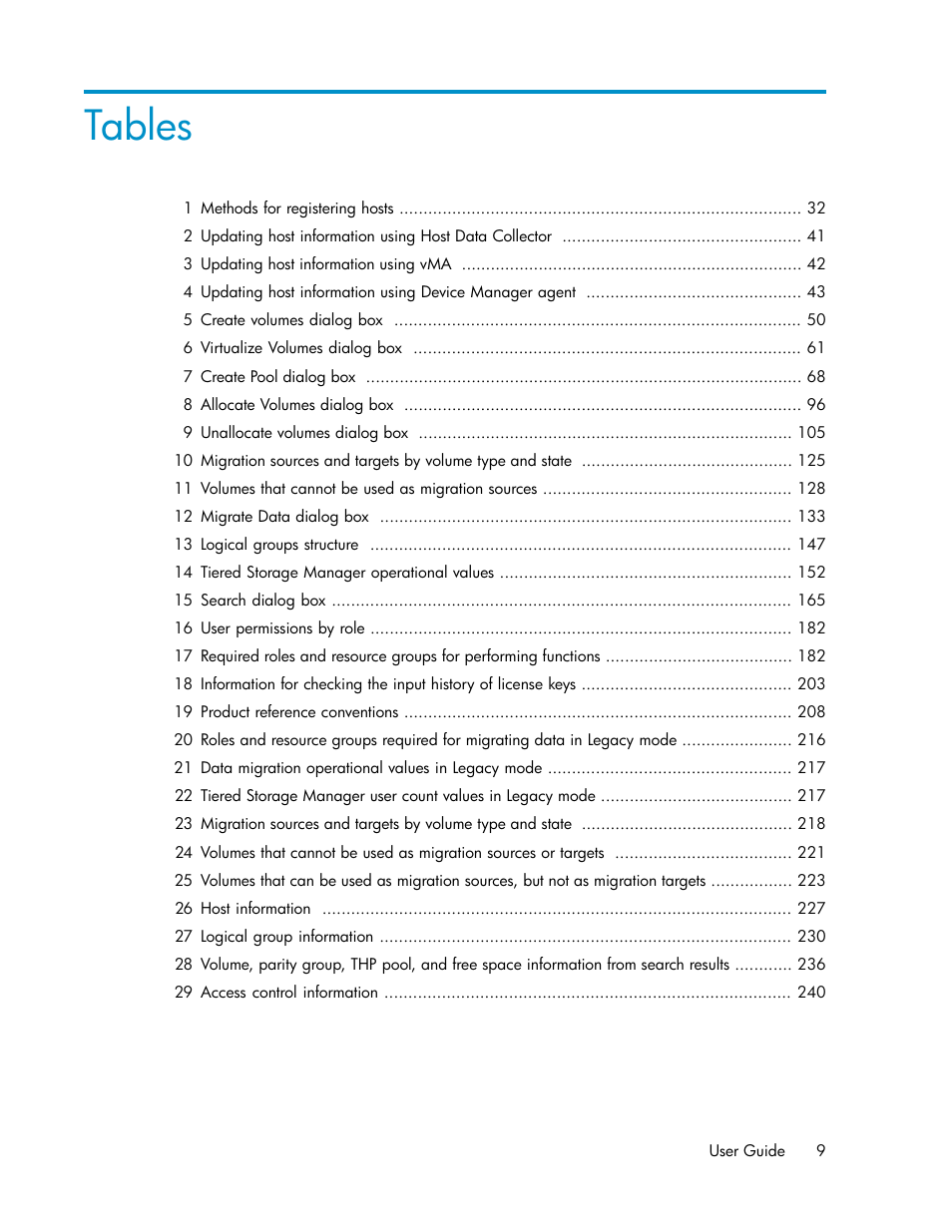 Tables | HP XP P9000 Command View Advanced Edition Software Licenses User Manual | Page 9 / 250