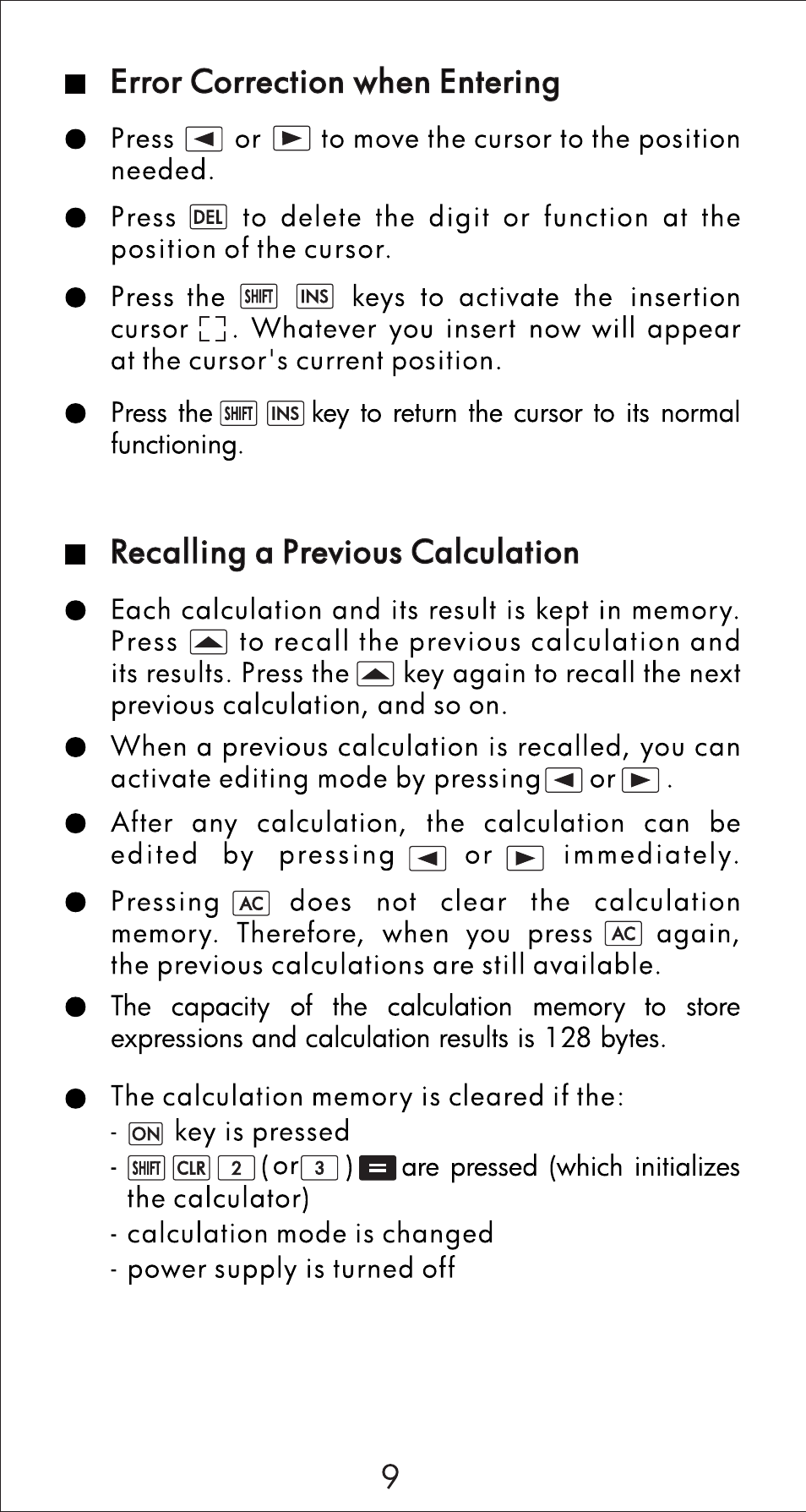 Error correction when entering, Recalling a previous calculation | HP 10s Scientific Calculator User Manual | Page 10 / 44