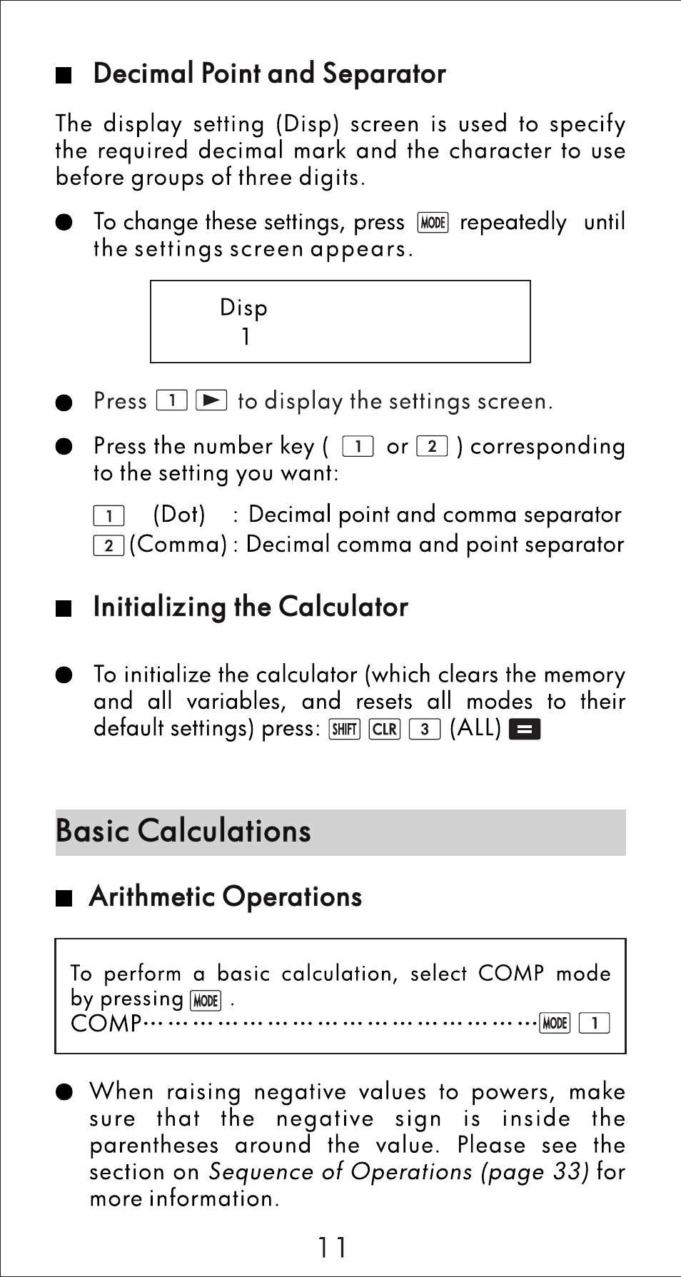 Basic calculations, Decimal point and separator | HP 10s Scientific Calculator User Manual | Page 12 / 44