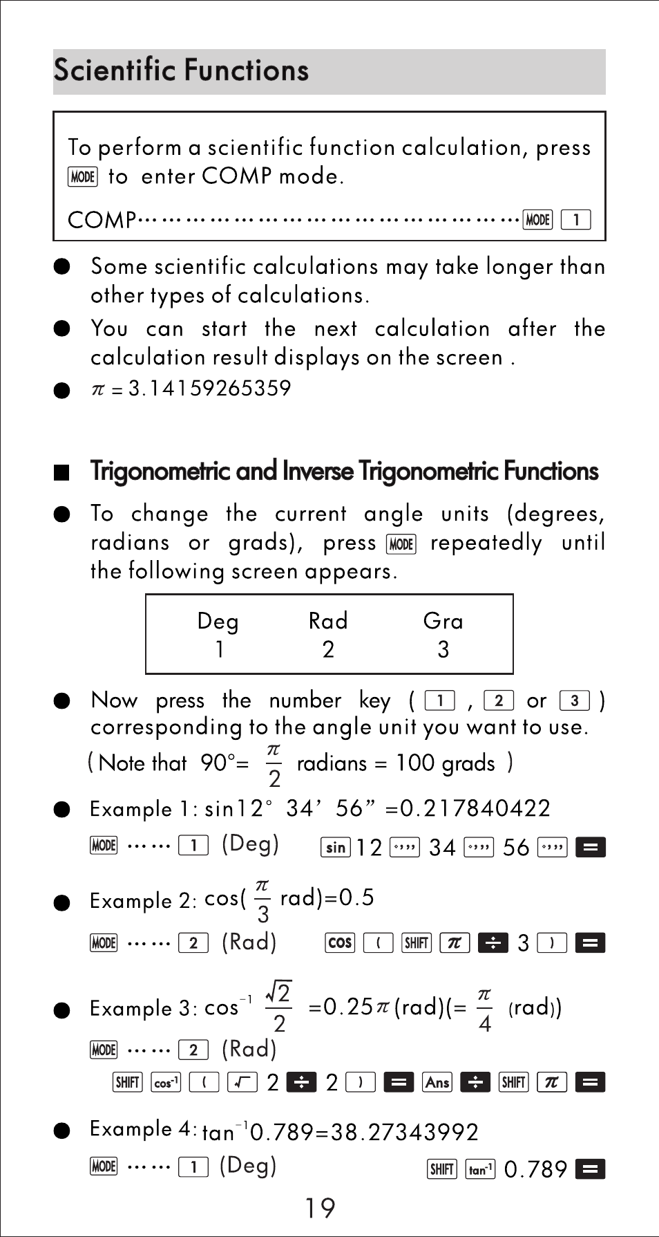 Trigonometric ond inverse trigonometric functions, Scientific functions | HP 10s Scientific Calculator User Manual | Page 20 / 44