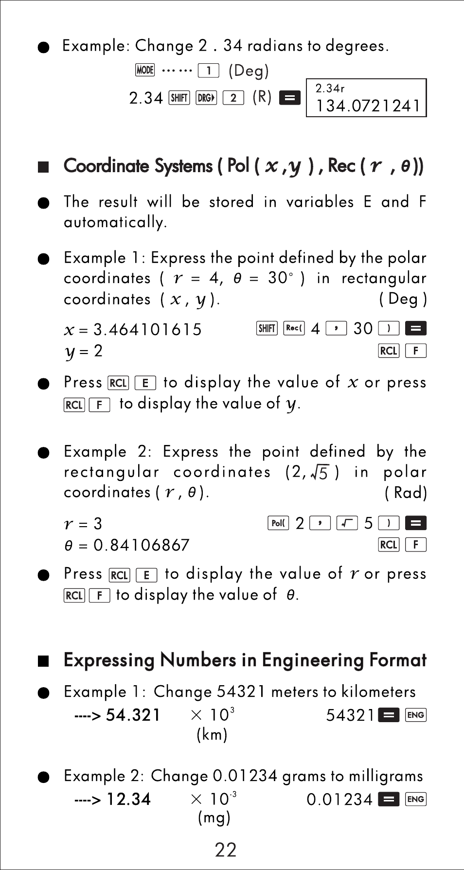 Coordinate systems (pol (x,y ), rec (r ,9)), Expressing numbers in engineering format, Coordinate systems ( pol (x,y),rec (r,6)) | HP 10s Scientific Calculator User Manual | Page 23 / 44