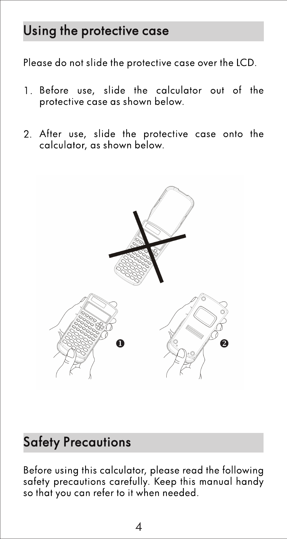 Using the protective case, Safety precautions | HP 10s Scientific Calculator User Manual | Page 5 / 44