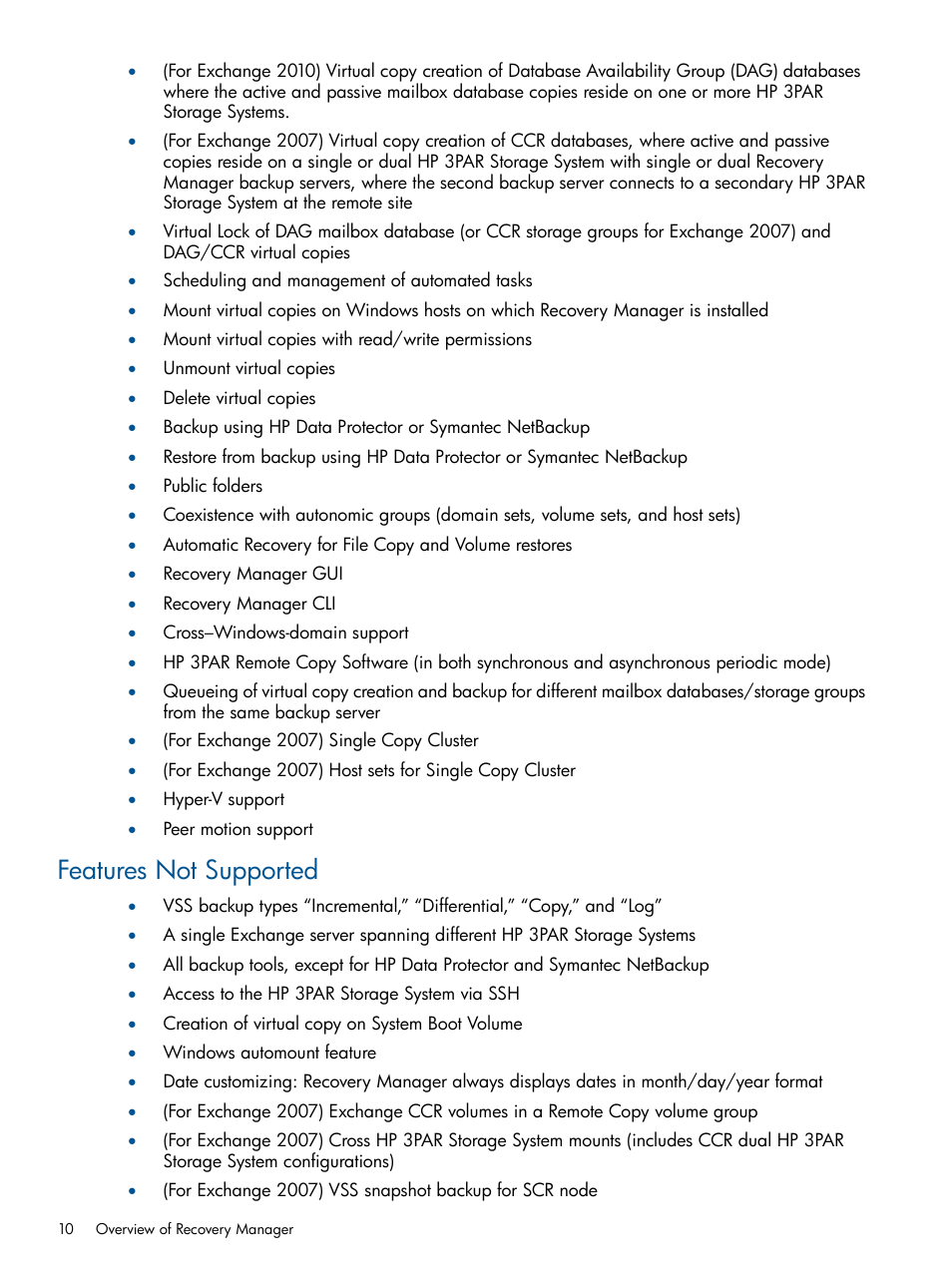 Features not supported | HP 3PAR Application Software Suite for Microsoft Exchange User Manual | Page 10 / 143