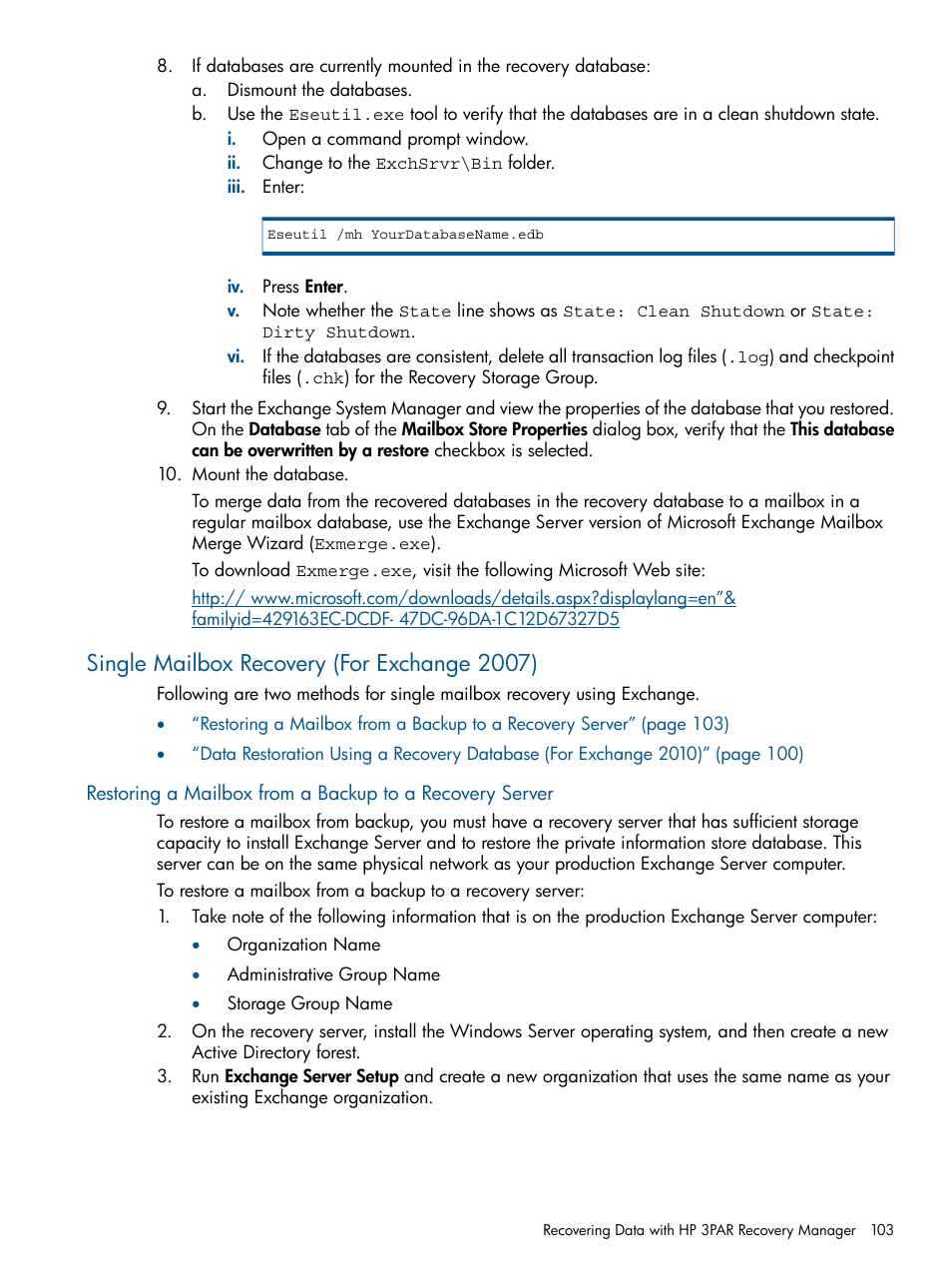 Single mailbox recovery (for exchange 2007) | HP 3PAR Application Software Suite for Microsoft Exchange User Manual | Page 103 / 143