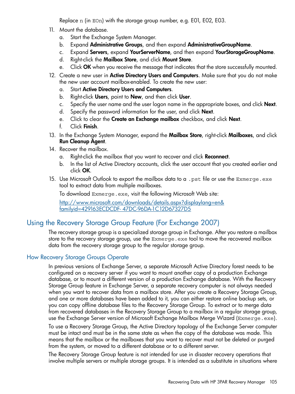 How recovery storage groups operate | HP 3PAR Application Software Suite for Microsoft Exchange User Manual | Page 105 / 143