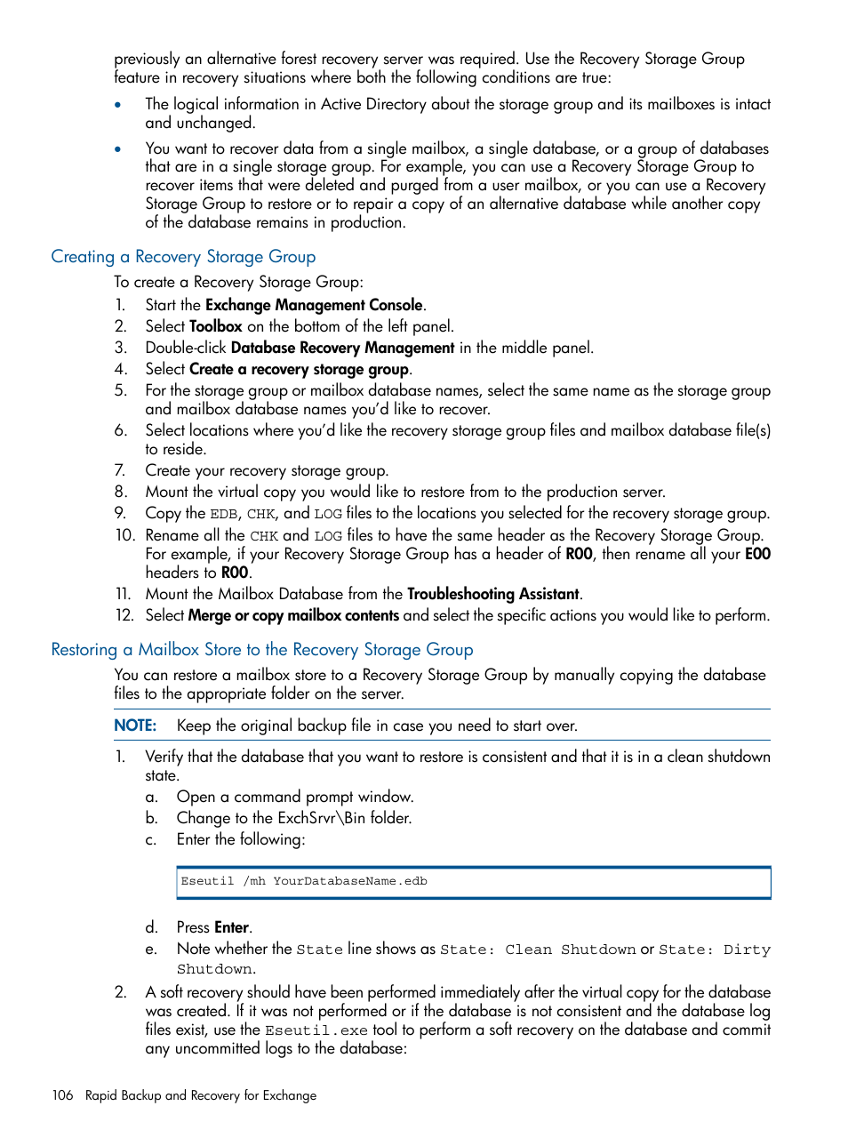 Creating a recovery storage group | HP 3PAR Application Software Suite for Microsoft Exchange User Manual | Page 106 / 143
