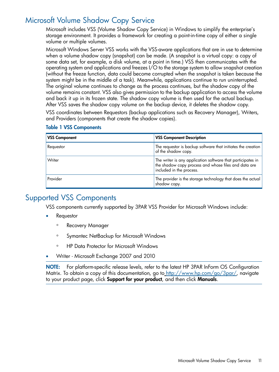 Microsoft volume shadow copy service, Supported vss components | HP 3PAR Application Software Suite for Microsoft Exchange User Manual | Page 11 / 143