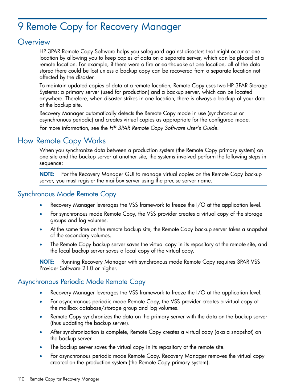 9 remote copy for recovery manager, Overview, How remote copy works | Synchronous mode remote copy, Asynchronous periodic mode remote copy, Overview how remote copy works | HP 3PAR Application Software Suite for Microsoft Exchange User Manual | Page 110 / 143