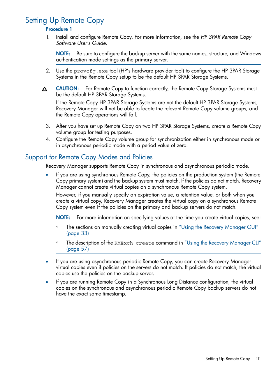 Setting up remote copy, Support for remote copy modes and policies | HP 3PAR Application Software Suite for Microsoft Exchange User Manual | Page 111 / 143