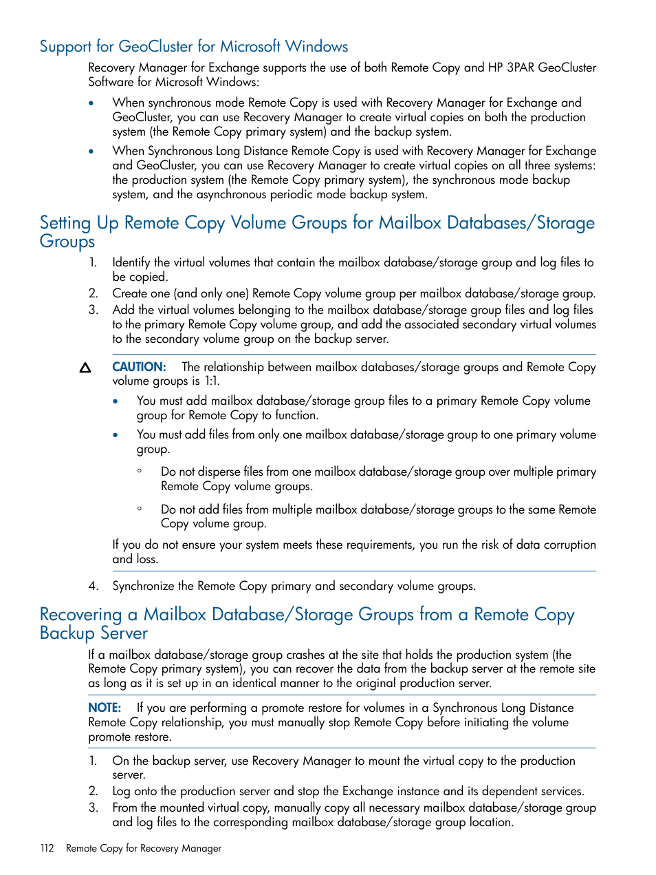 Support for geocluster for microsoft windows | HP 3PAR Application Software Suite for Microsoft Exchange User Manual | Page 112 / 143