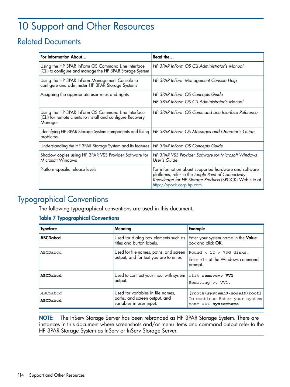 10 support and other resources, Related documents, Typographical conventions | Related documents typographical conventions | HP 3PAR Application Software Suite for Microsoft Exchange User Manual | Page 114 / 143