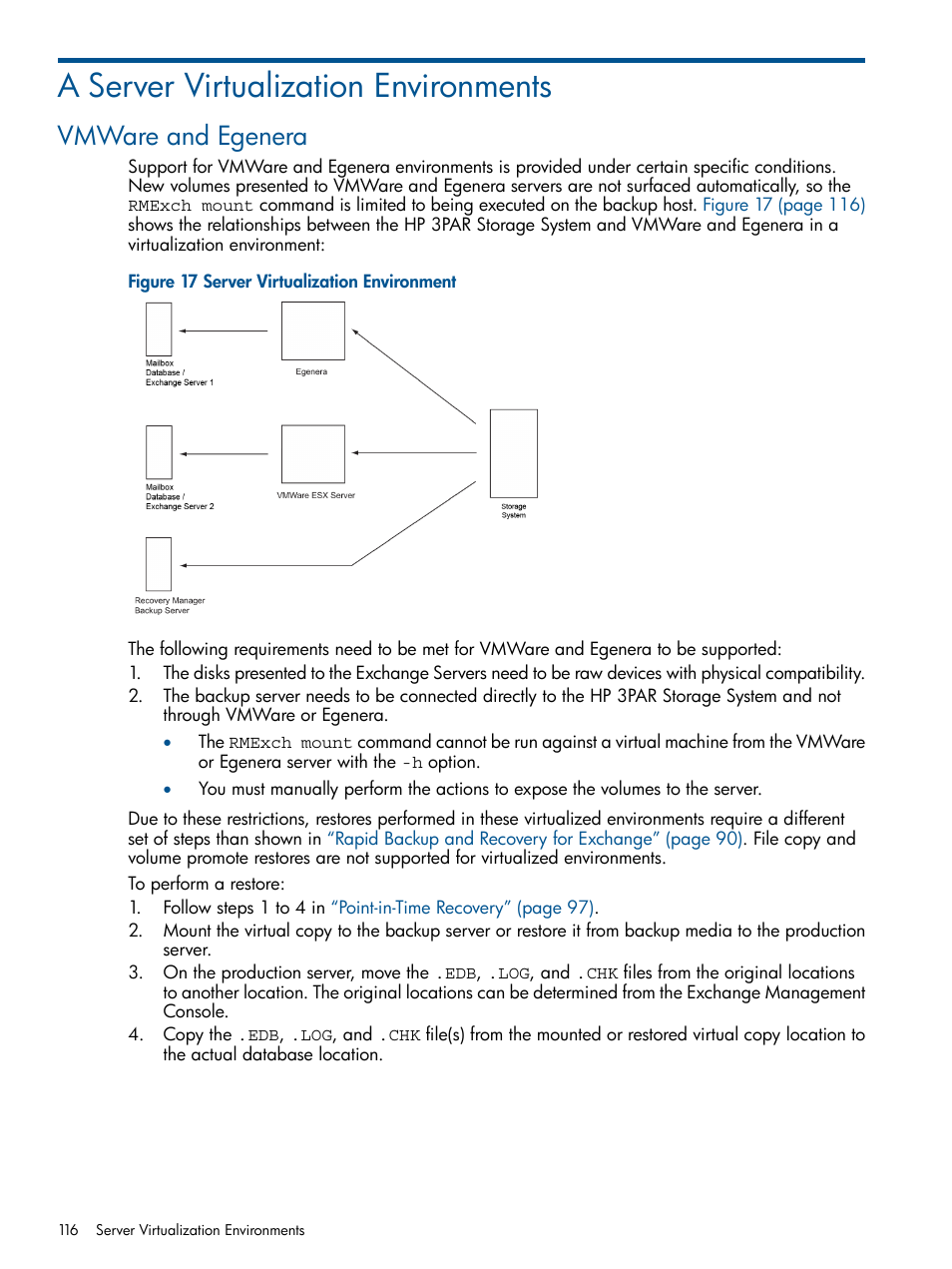 A server virtualization environments, Vmware and egenera | HP 3PAR Application Software Suite for Microsoft Exchange User Manual | Page 116 / 143