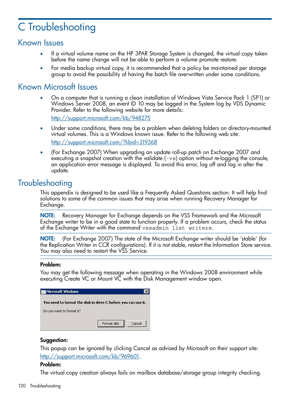 C troubleshooting, Known issues, Known microsoft issues | Troubleshooting | HP 3PAR Application Software Suite for Microsoft Exchange User Manual | Page 120 / 143