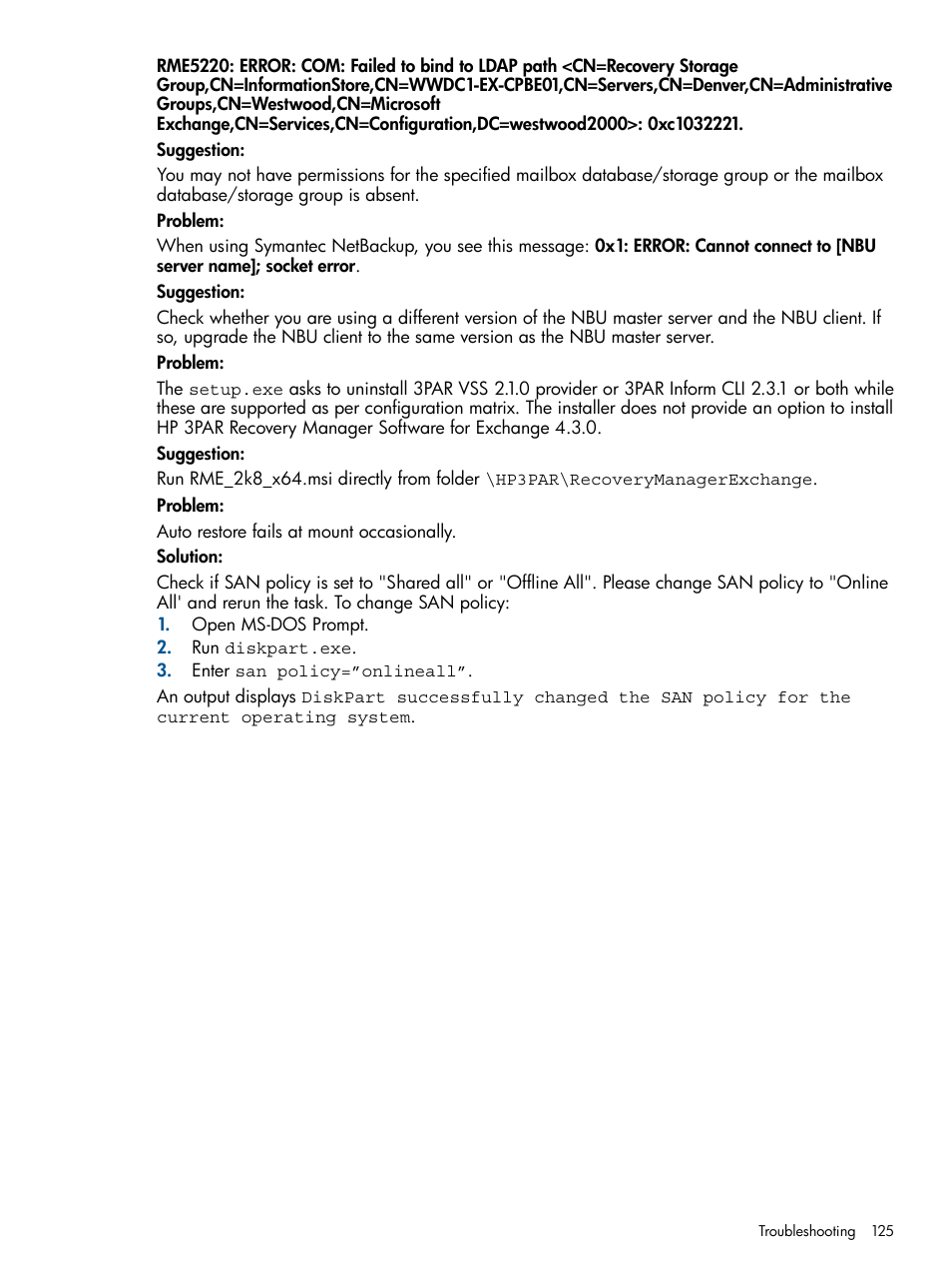 HP 3PAR Application Software Suite for Microsoft Exchange User Manual | Page 125 / 143