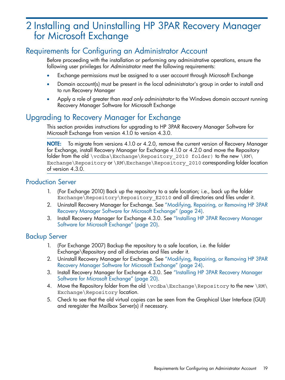 Upgrading to recovery manager for exchange, Production server, Backup server | Production server backup server | HP 3PAR Application Software Suite for Microsoft Exchange User Manual | Page 19 / 143