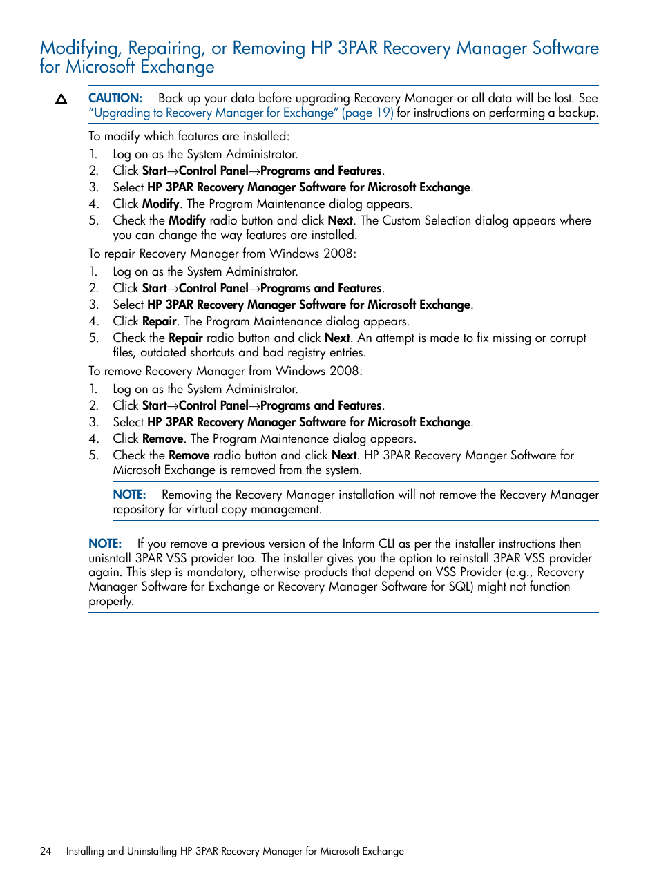 Modifying, repairing, or removing hp 3par | HP 3PAR Application Software Suite for Microsoft Exchange User Manual | Page 24 / 143