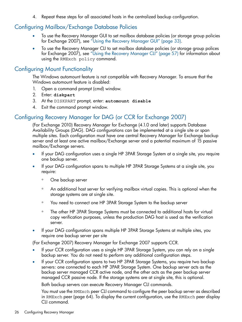 Configuring mailbox/exchange database policies, Configuring mount functionality | HP 3PAR Application Software Suite for Microsoft Exchange User Manual | Page 26 / 143
