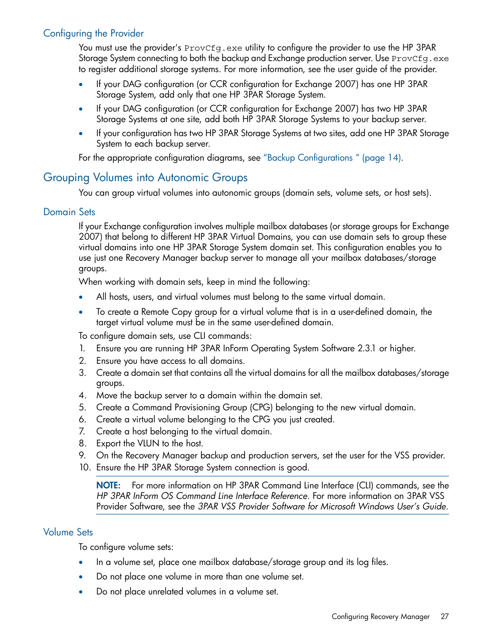 Configuring the provider, Grouping volumes into autonomic groups, Domain sets | Volume sets, Domain sets volume sets | HP 3PAR Application Software Suite for Microsoft Exchange User Manual | Page 27 / 143