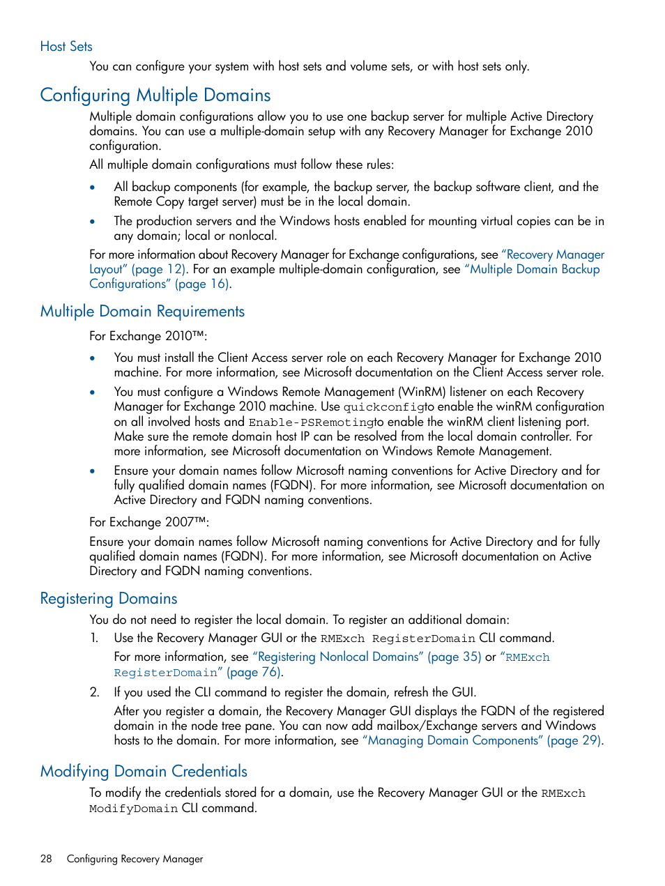 Host sets, Configuring multiple domains, Multiple domain requirements | Registering domains, Modifying domain credentials | HP 3PAR Application Software Suite for Microsoft Exchange User Manual | Page 28 / 143