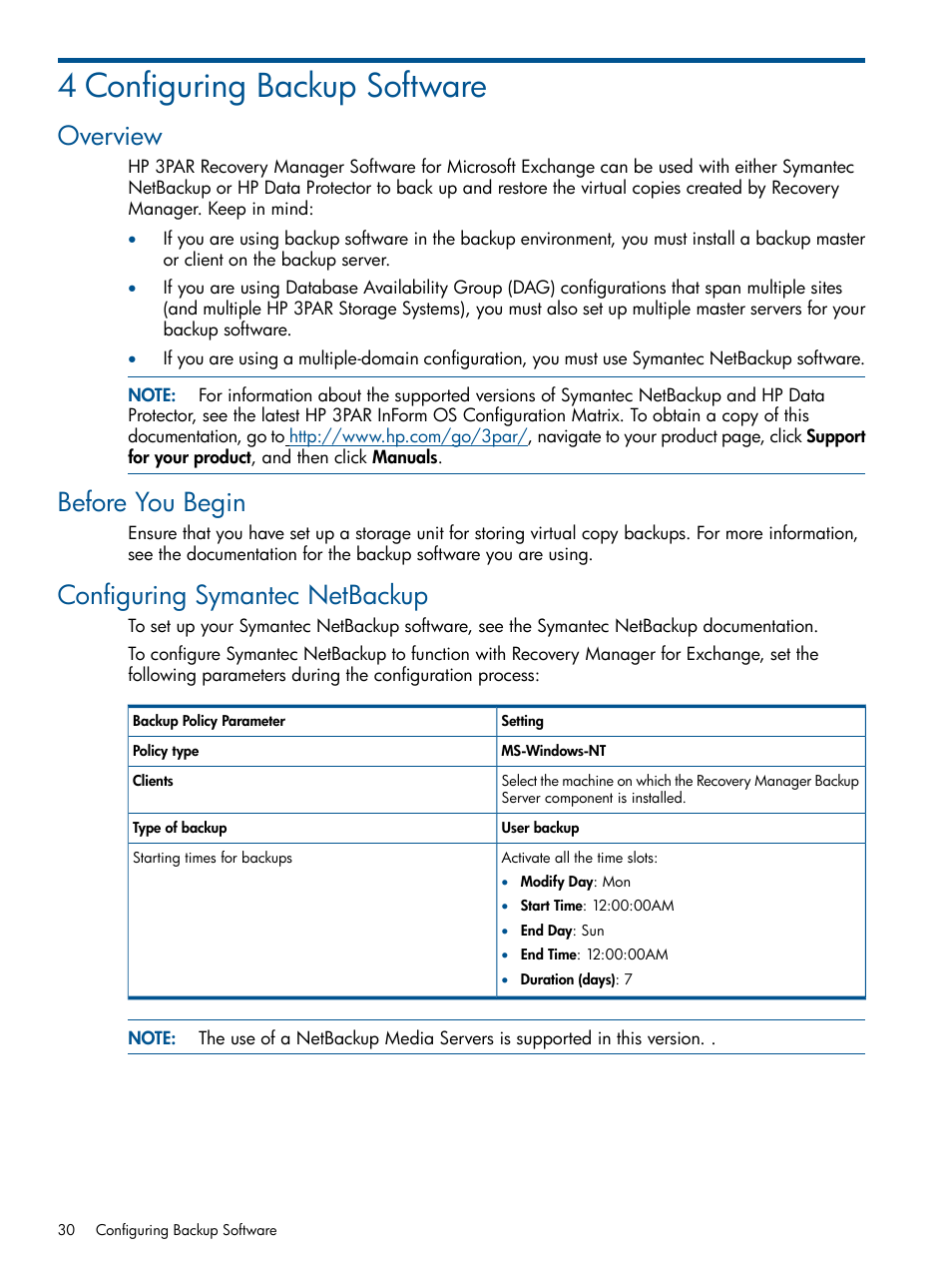 4 configuring backup software, Overview, Before you begin | Configuring symantec netbackup | HP 3PAR Application Software Suite for Microsoft Exchange User Manual | Page 30 / 143