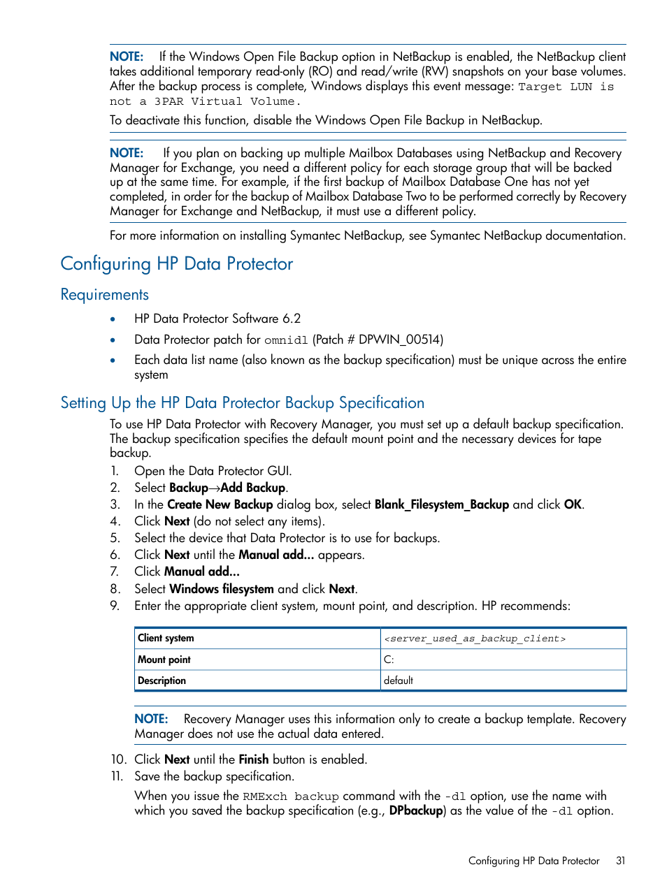 Configuring hp data protector, Requirements | HP 3PAR Application Software Suite for Microsoft Exchange User Manual | Page 31 / 143