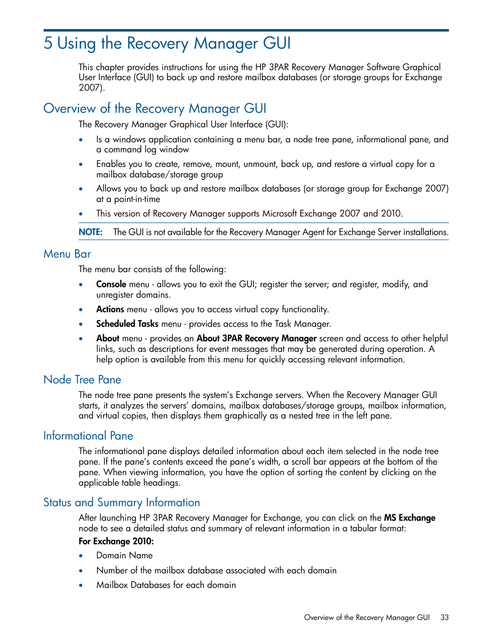 5 using the recovery manager gui, Overview of the recovery manager gui, Menu bar | Node tree pane, Informational pane, Status and summary information | HP 3PAR Application Software Suite for Microsoft Exchange User Manual | Page 33 / 143