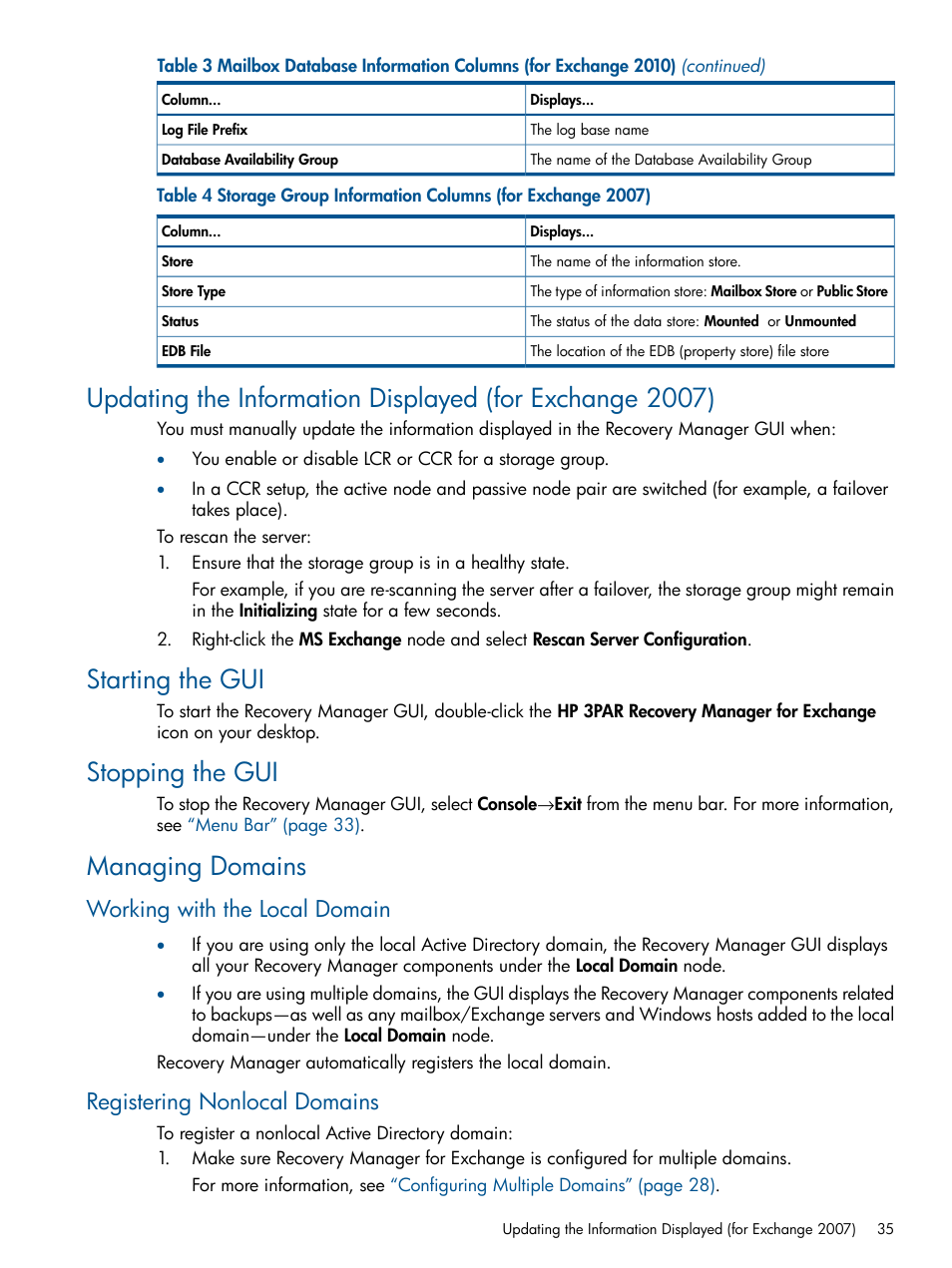 Starting the gui, Stopping the gui, Managing domains | Working with the local domain, Registering nonlocal domains | HP 3PAR Application Software Suite for Microsoft Exchange User Manual | Page 35 / 143