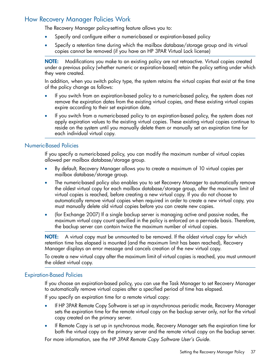 How recovery manager policies work, Numeric-based policies, Expiration-based policies | Numeric-based policies expiration-based policies | HP 3PAR Application Software Suite for Microsoft Exchange User Manual | Page 37 / 143