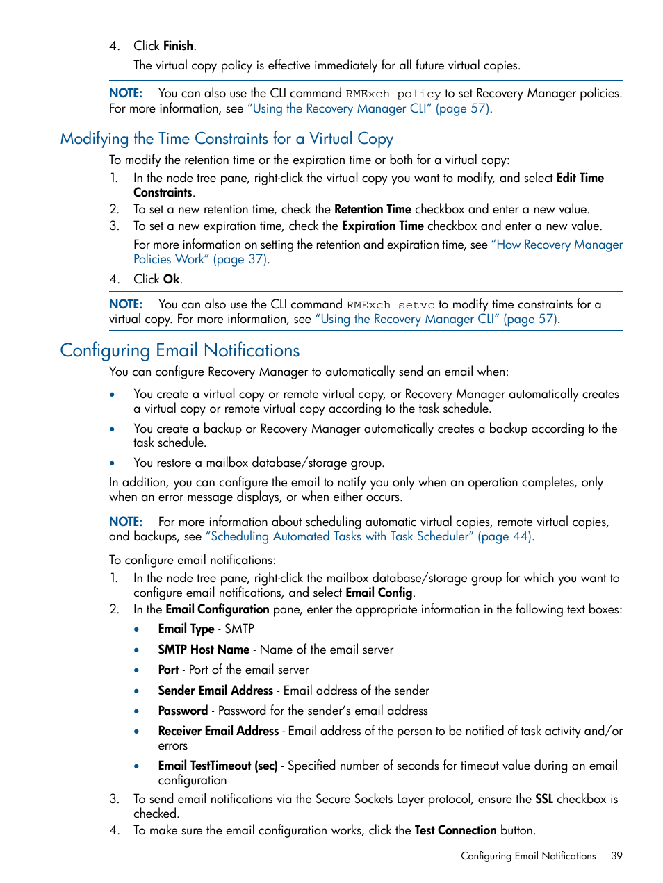 Modifying the time constraints for a virtual copy, Configuring email notifications | HP 3PAR Application Software Suite for Microsoft Exchange User Manual | Page 39 / 143