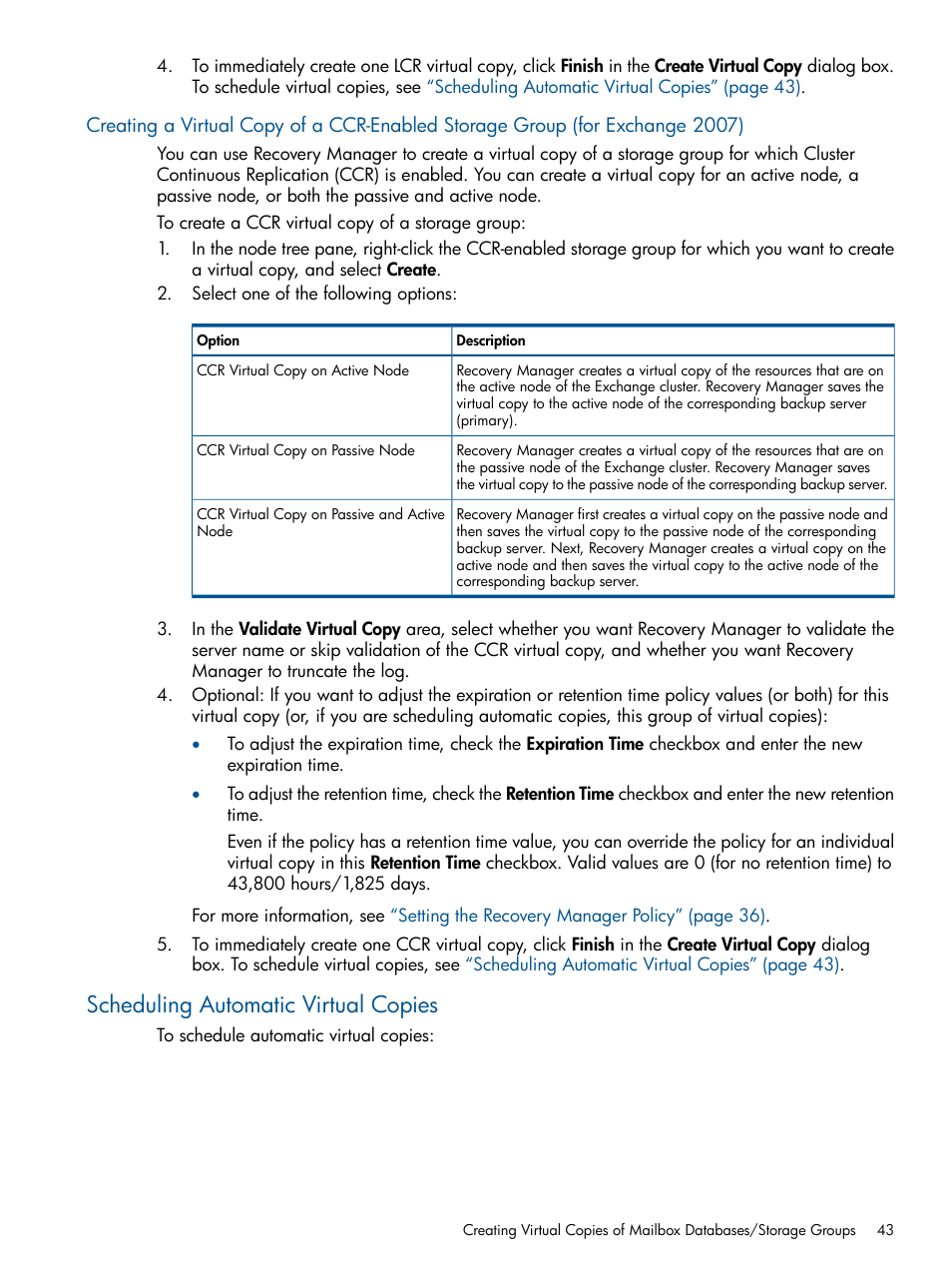 Scheduling automatic virtual copies | HP 3PAR Application Software Suite for Microsoft Exchange User Manual | Page 43 / 143