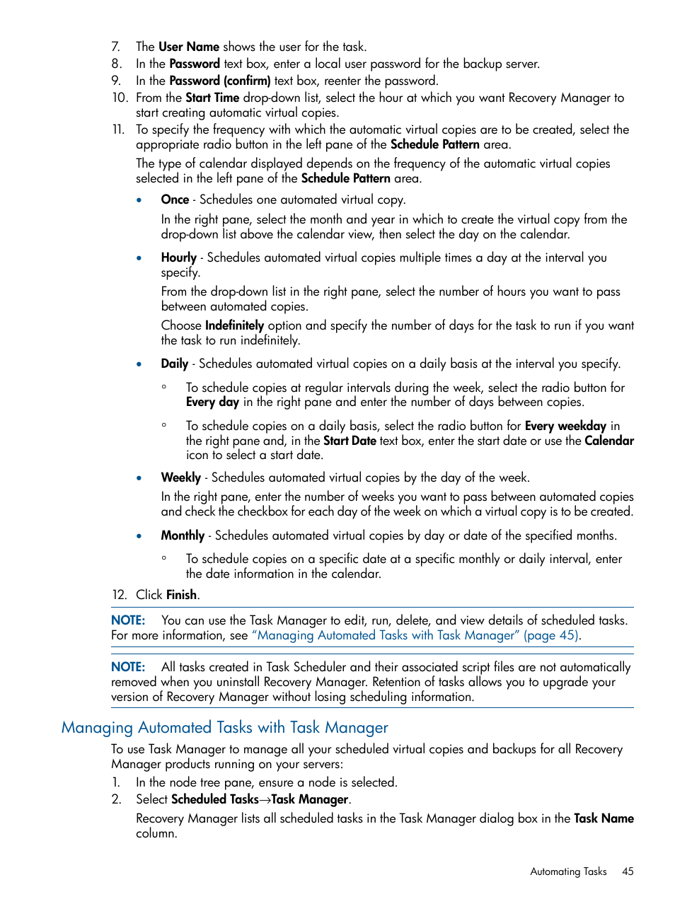 Managing automated tasks with task manager | HP 3PAR Application Software Suite for Microsoft Exchange User Manual | Page 45 / 143