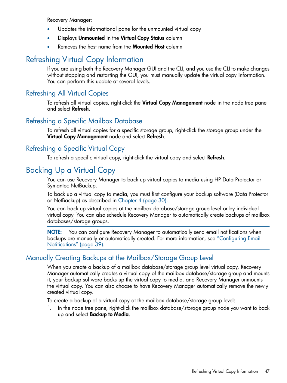 Refreshing virtual copy information, Refreshing all virtual copies, Refreshing a specific mailbox database | Refreshing a specific virtual copy, Backing up a virtual copy | HP 3PAR Application Software Suite for Microsoft Exchange User Manual | Page 47 / 143