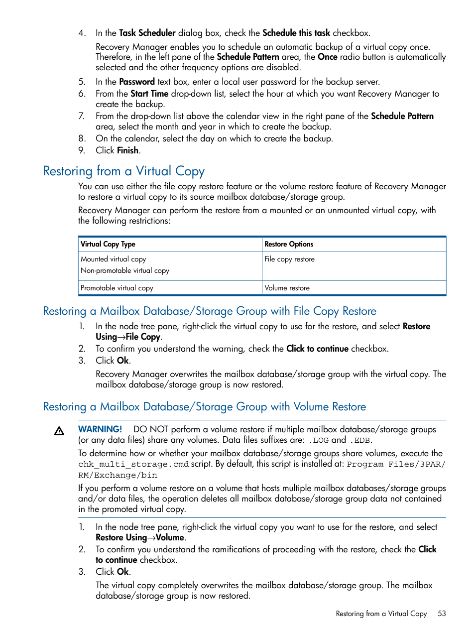 Restoring from a virtual copy | HP 3PAR Application Software Suite for Microsoft Exchange User Manual | Page 53 / 143