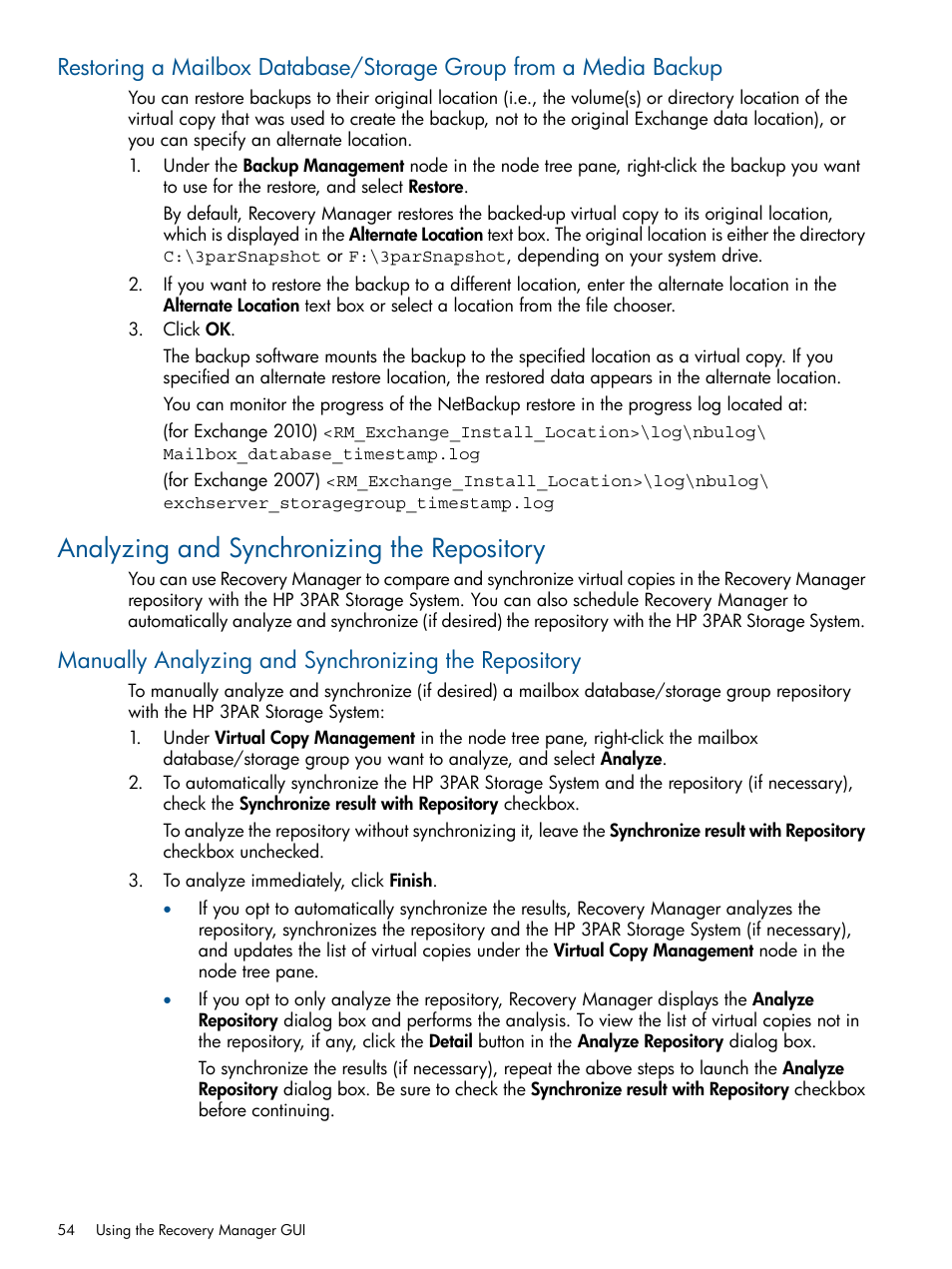 Analyzing and synchronizing the repository | HP 3PAR Application Software Suite for Microsoft Exchange User Manual | Page 54 / 143