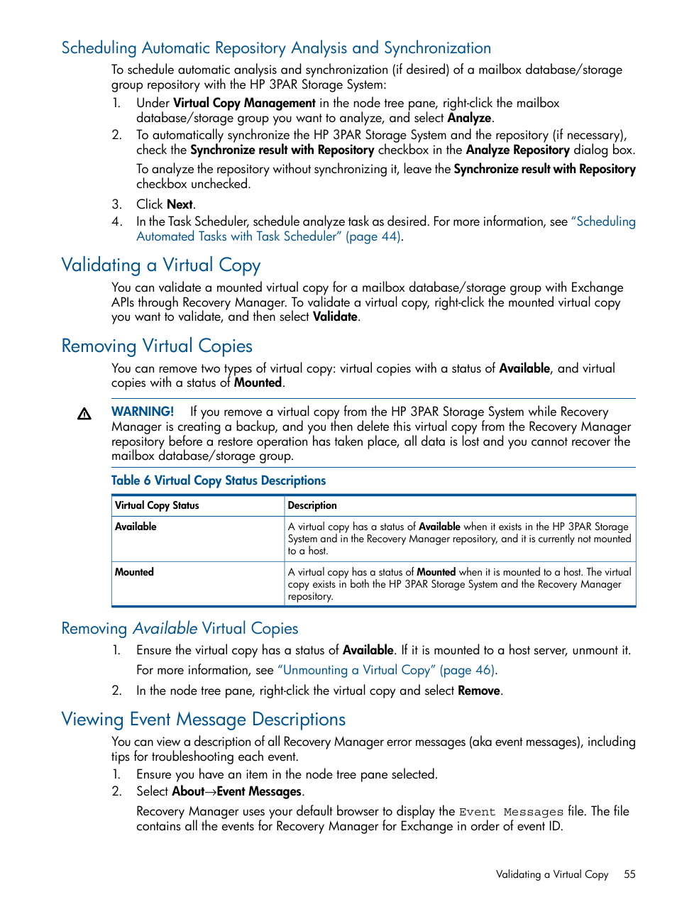 Validating a virtual copy, Removing virtual copies, Removing available virtual copies | Viewing event message descriptions, Validating a virtual copy removing virtual copies | HP 3PAR Application Software Suite for Microsoft Exchange User Manual | Page 55 / 143