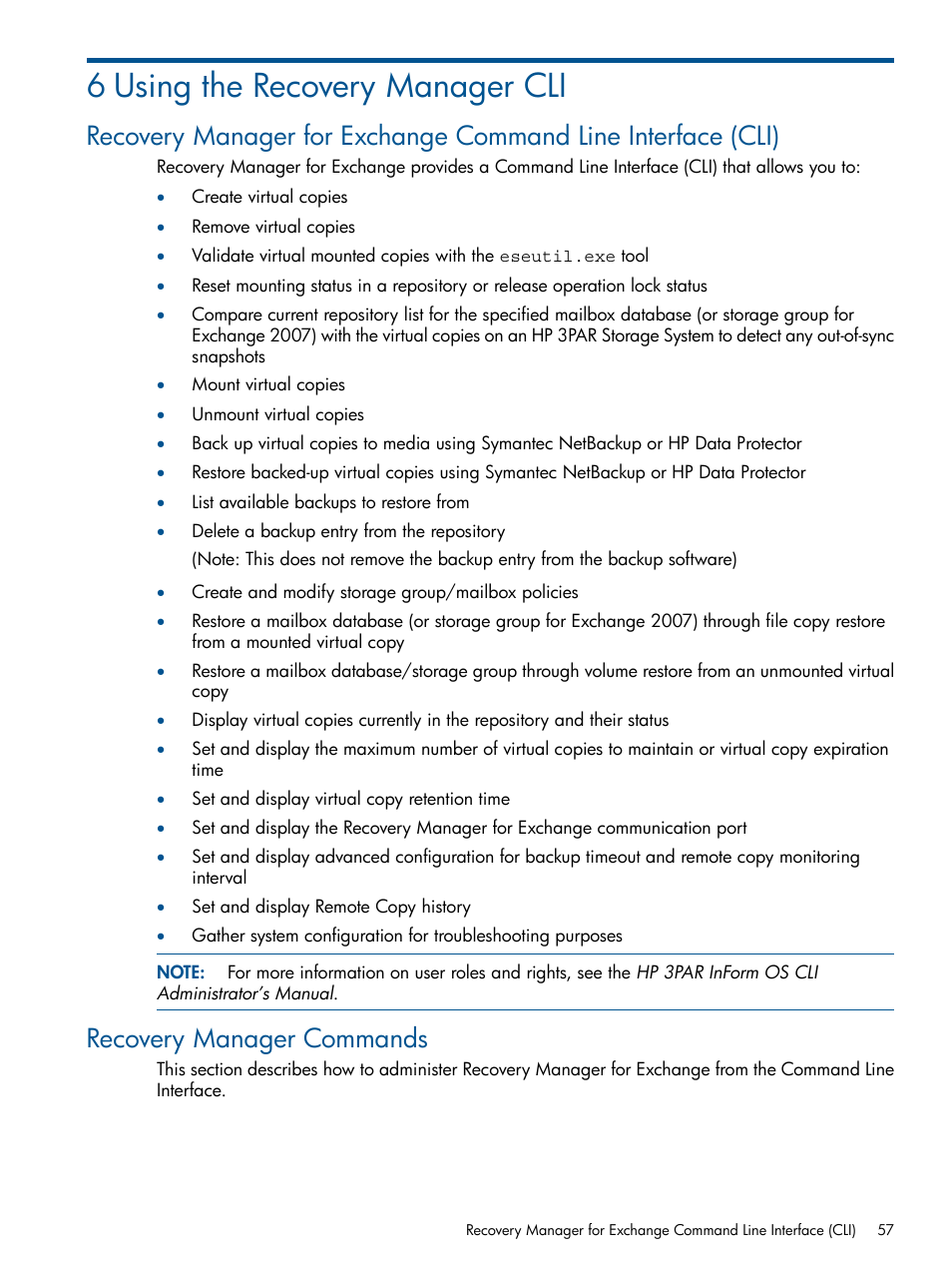 6 using the recovery manager cli, Recovery manager commands | HP 3PAR Application Software Suite for Microsoft Exchange User Manual | Page 57 / 143