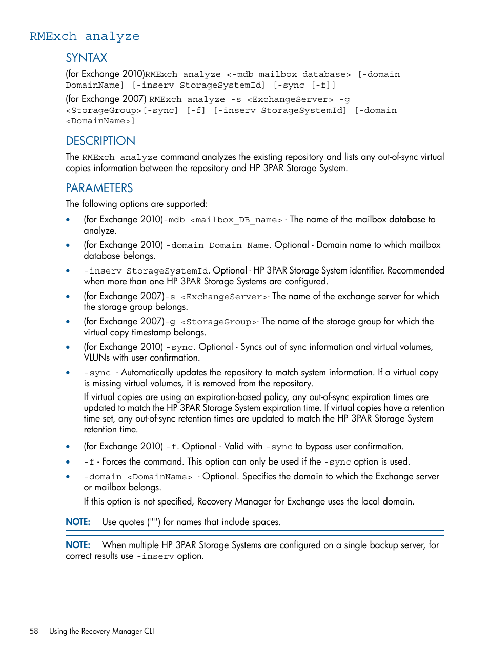 Rmexch analyze, Syntax, Description | Parameters | HP 3PAR Application Software Suite for Microsoft Exchange User Manual | Page 58 / 143