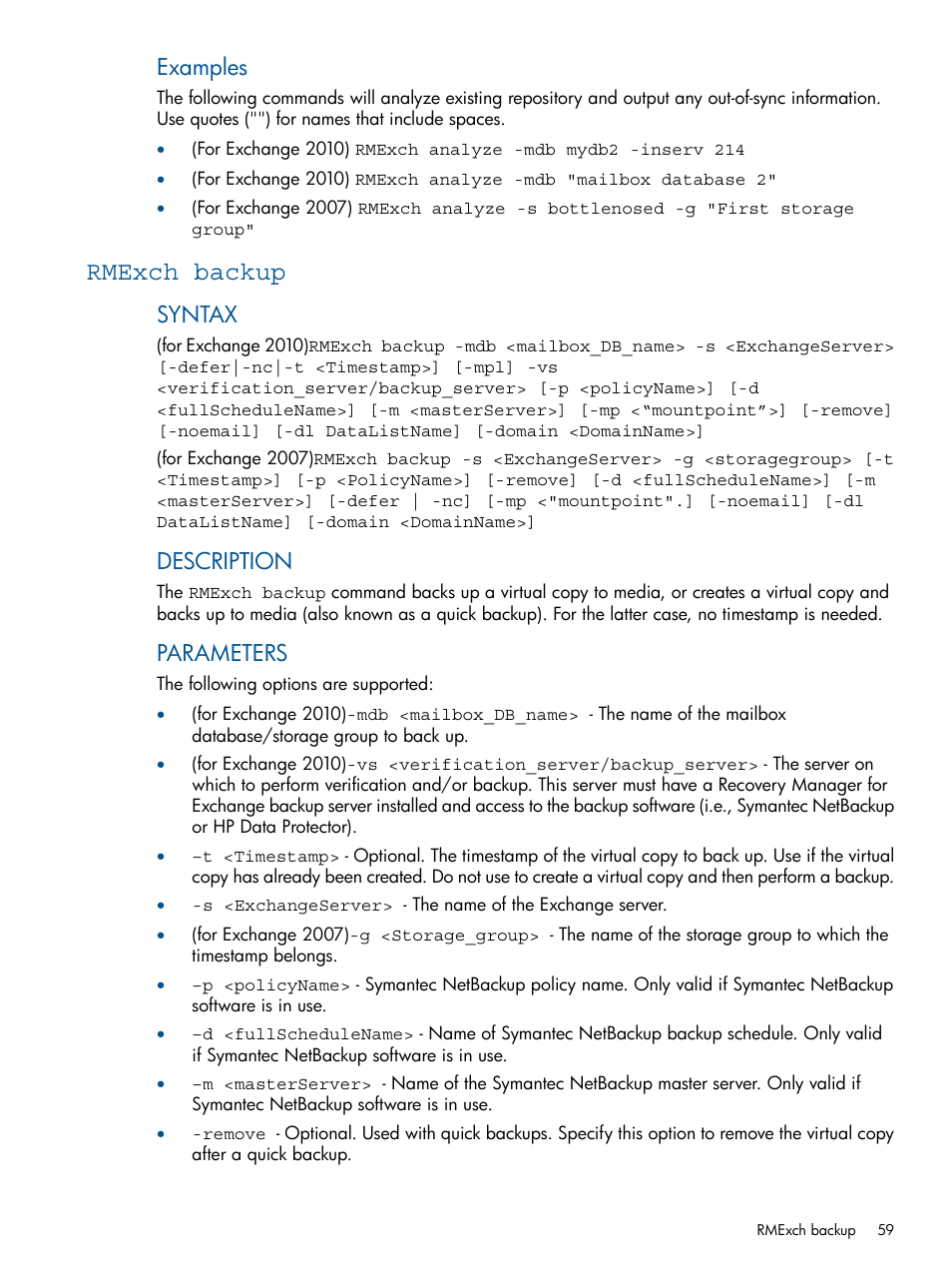 Rmexch backup, Examples, Syntax | Description, Parameters | HP 3PAR Application Software Suite for Microsoft Exchange User Manual | Page 59 / 143